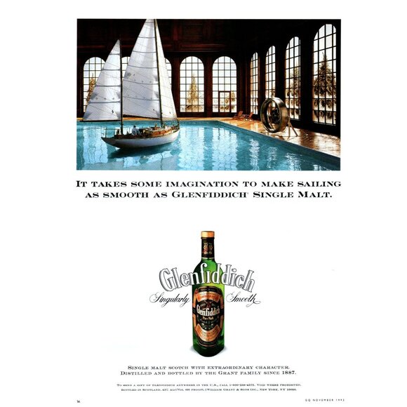 1993 Glenfiddich Scotch Vintage Print Ad Sailboat Yacht Indoor Pool Wall Art - Picture 1 of 2